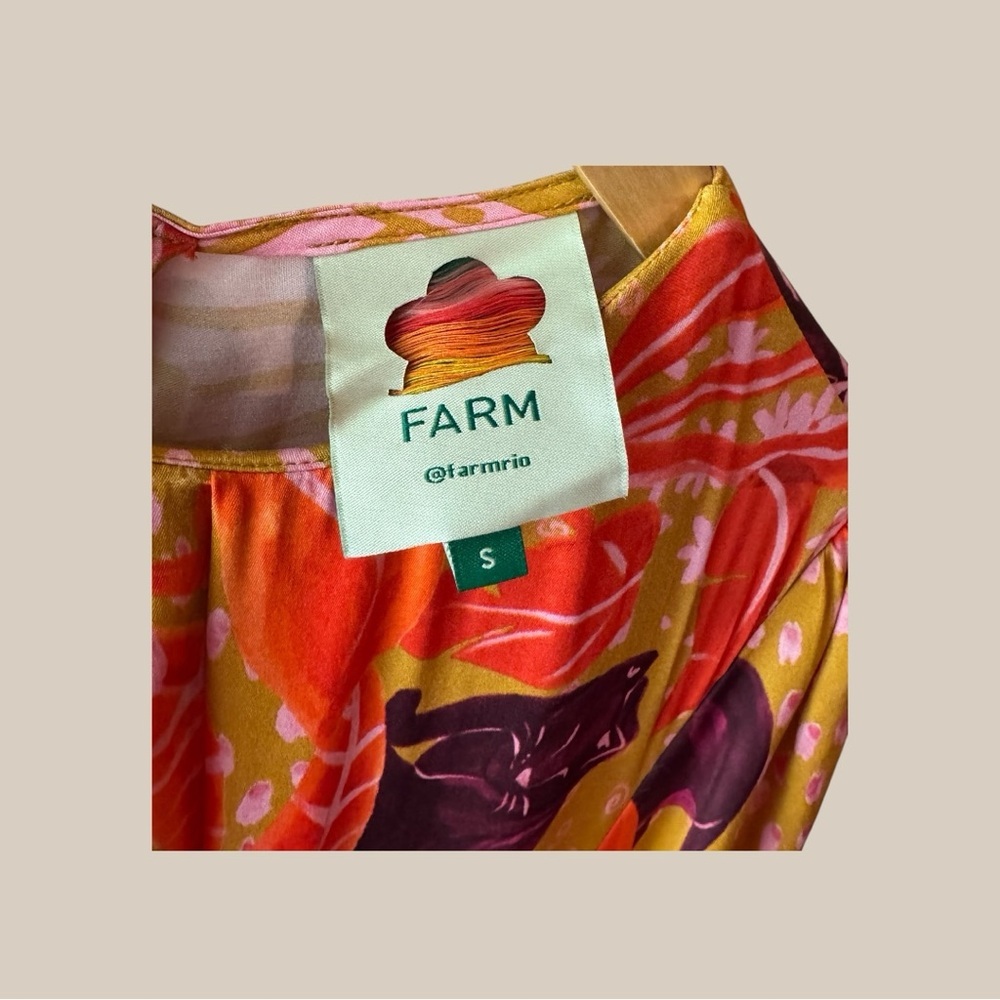 Farm Rio Orange Floral Midi Dress with Puff Sleeves - Picture 3 of 4